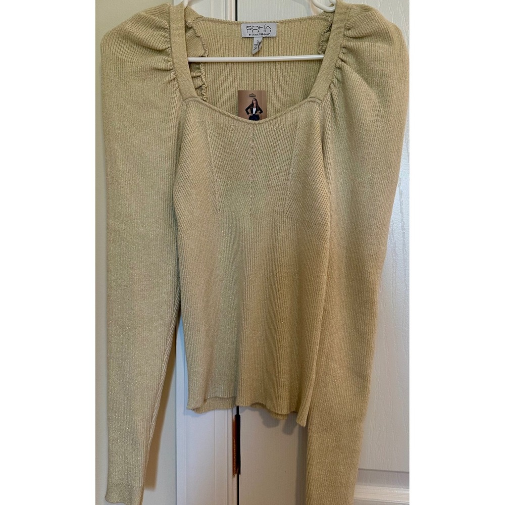 Sofia Jeans by Sofia Vergara SV Puff Sweetheart Sweater Gold Metallic S NWT